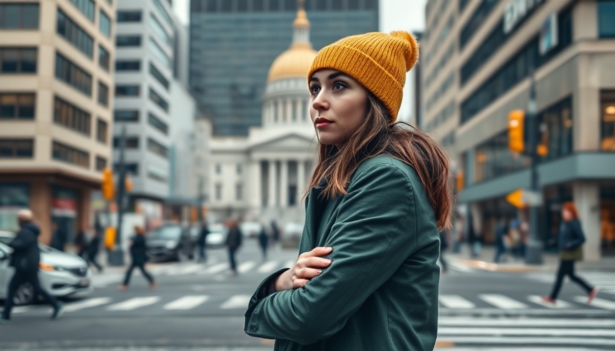 Young woman crossing street safely in busy city environment