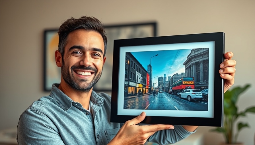 Man showcasing E-Ink picture frame with vibrant urban artwork.