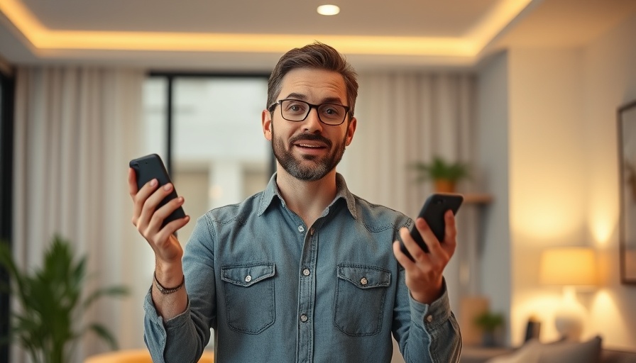 Man discussing smart home technology indoors, vibrant lighting.