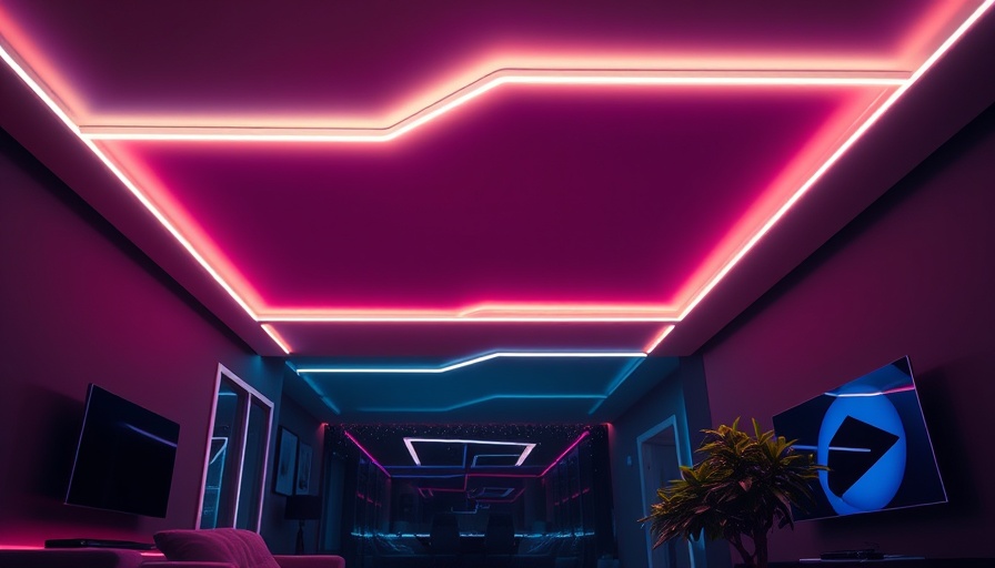 Futuristic smart home with neon lights and smart devices.
