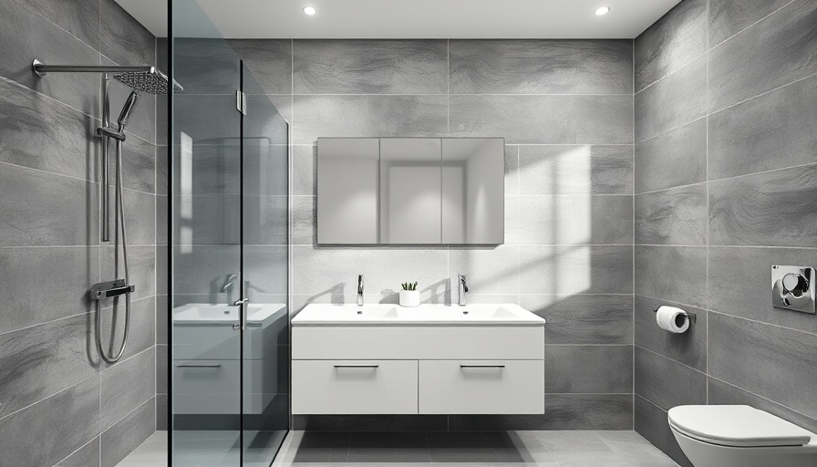 Modern bathroom with gray textured tiles and sleek fixtures.