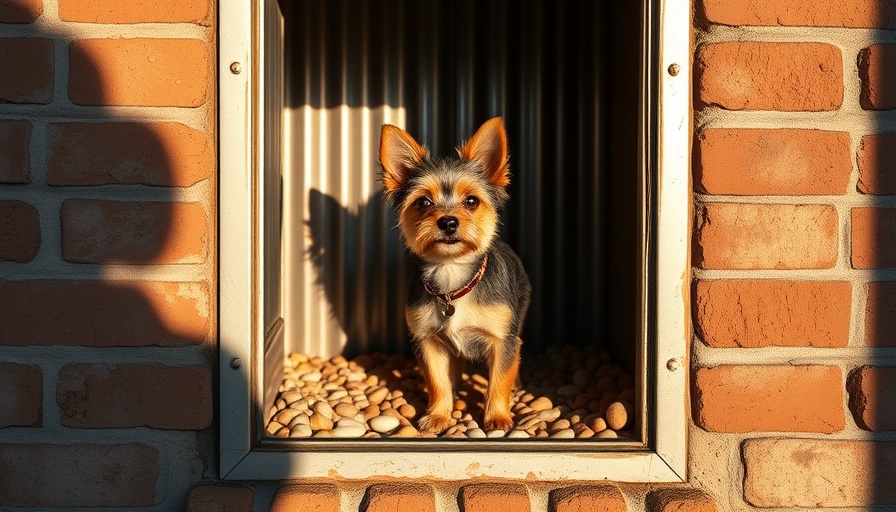 Small dog in metal window well during sunset