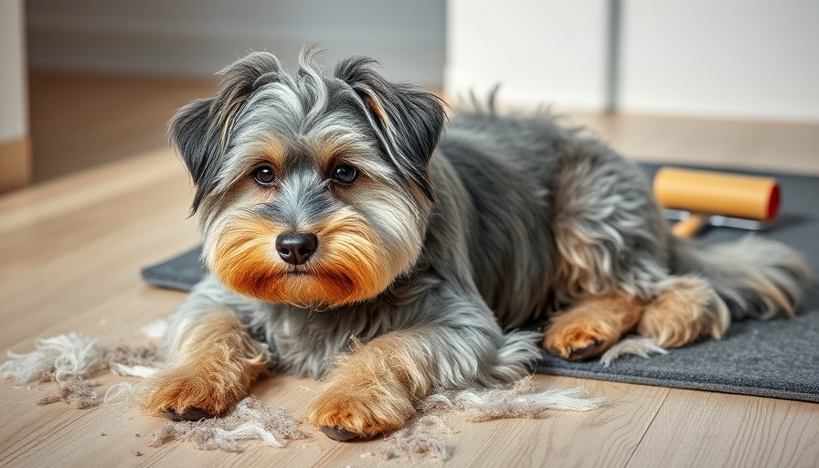 Fluffy dog shedding fur with grooming tools nearby, Managing a Moulting Dog