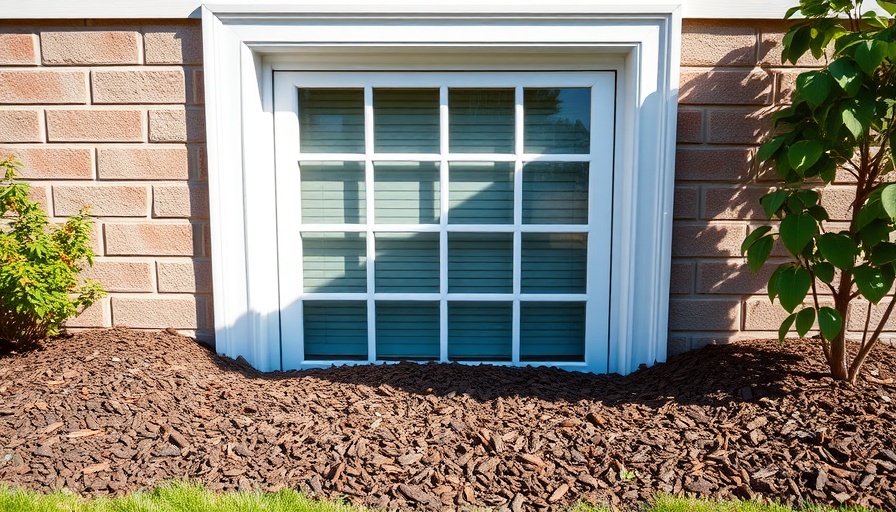 Clean window wells with pristine basement window bordered by mulch.