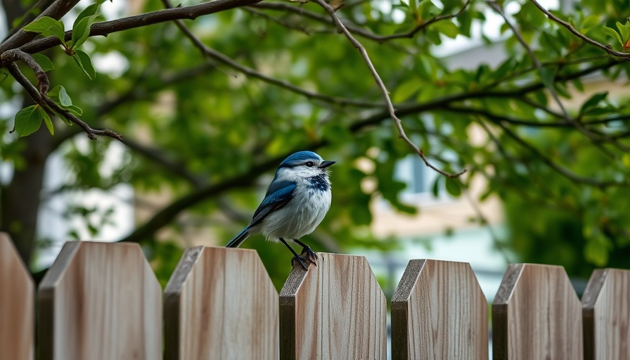 Humans and Paper Wasps Coexist: Blue bird on a wooden fence amid trees.