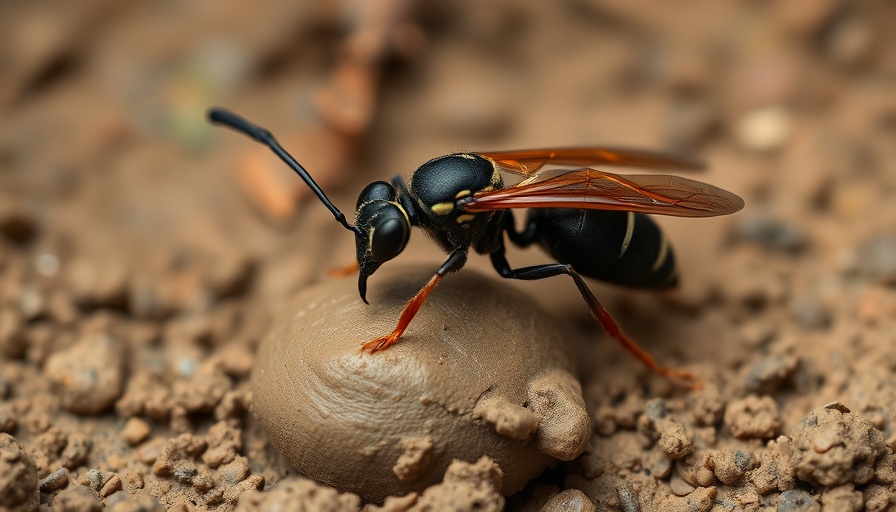 Mud dauber wasp in the garden on wet clay