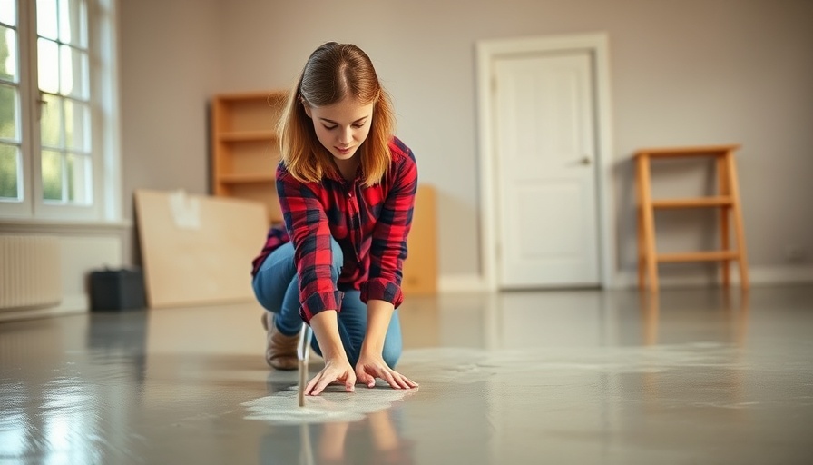 Young woman demonstrating self-leveling compound techniques indoors.