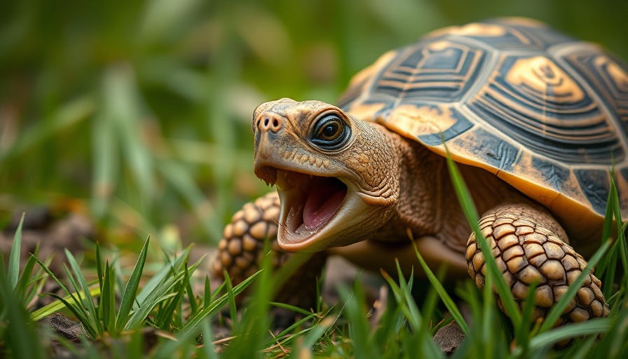 Close-up tortoise crawling through grass, photorealistic macro shot.