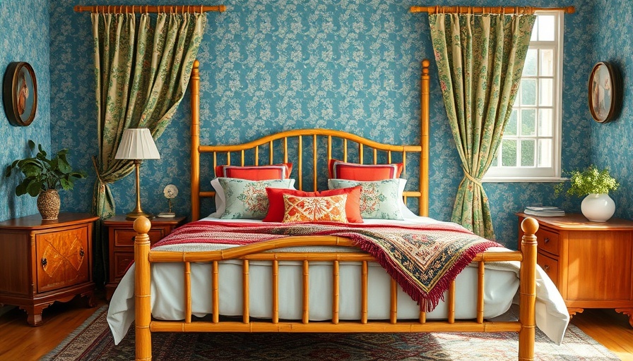 Granmillennial style home decor in vibrant bedroom with bamboo bed frame.