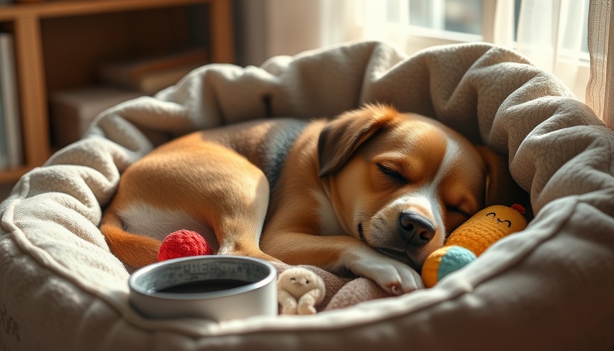 Sleeping dog recovering after spaying with toys and food bowl nearby.