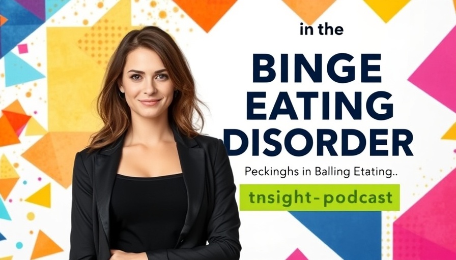 Binge eating disorder insights on podcast cover featuring woman.