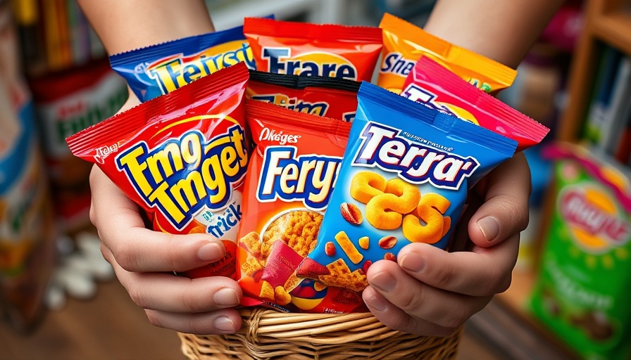 Colorful 90s snacks packaging in Qatar basket.