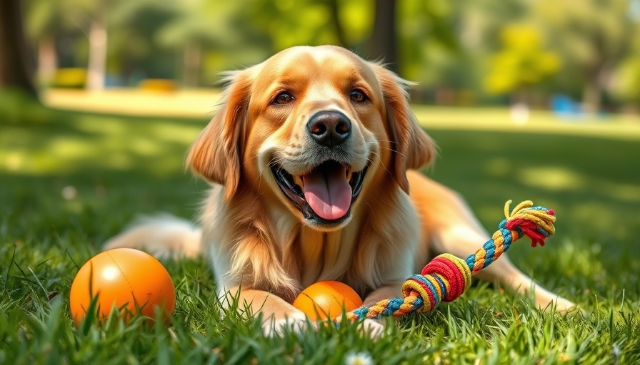 Friendly golden retriever in park with toys, prevent dog bites.