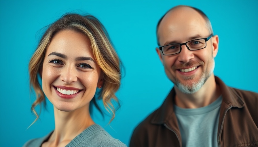 Portrait of a smiling woman and man against a blue background, embracing divergent thinking in ADHD students.