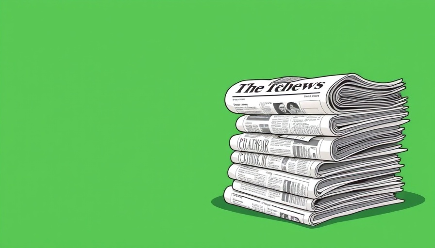 Newspaper stack with bold headlines against green background.