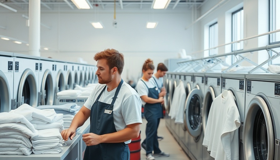 Laundry workers operating machines in a well-lit facility.