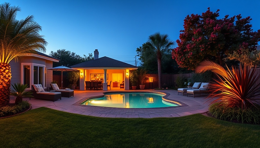Charming backyard pool landscape at dusk with ambient lighting.