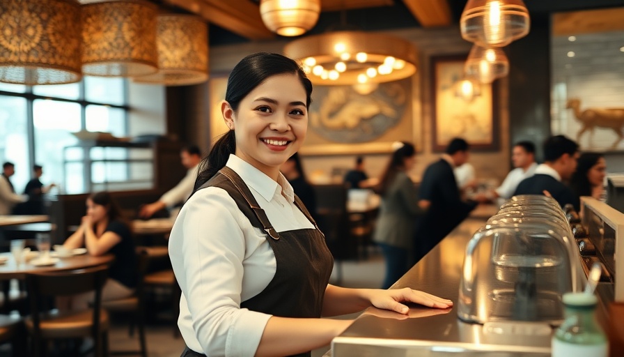 Waitress confidently serving in Qatar restaurant scene.