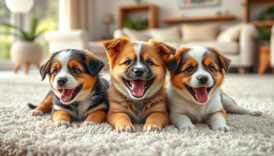 Adorable puppies on carpet, colorful collars, relaxing playtime.