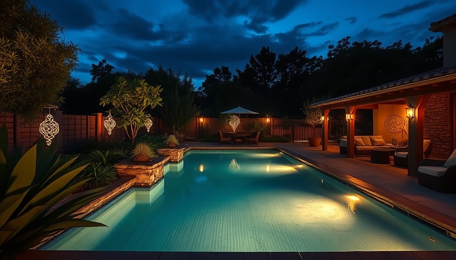 Serene backyard pool with landscape lights at dusk.