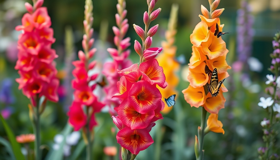 Quick-flowering gladiolus bulbs in colorful bloom with butterflies.