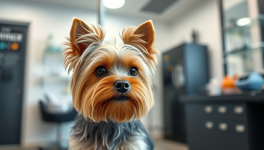 Charming Yorkie being groomed with tools in a salon setting.