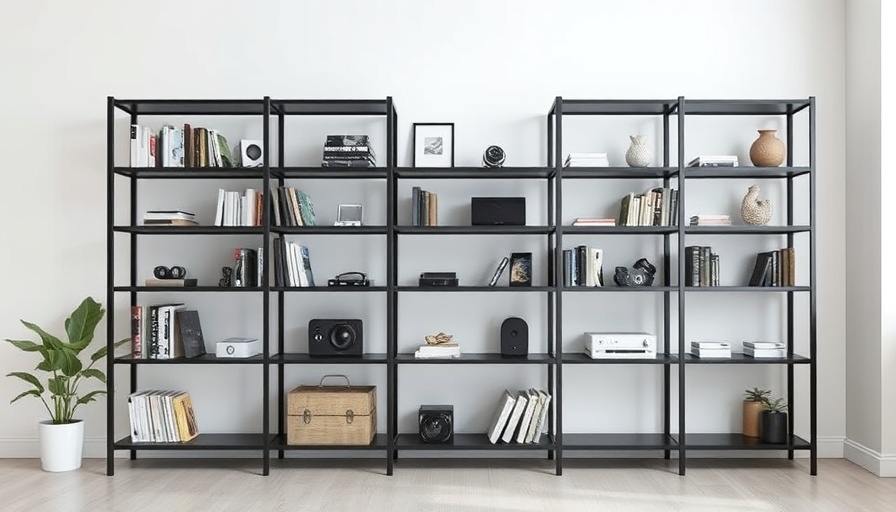 Sleek black metal shelving unit in a modern minimalist room.