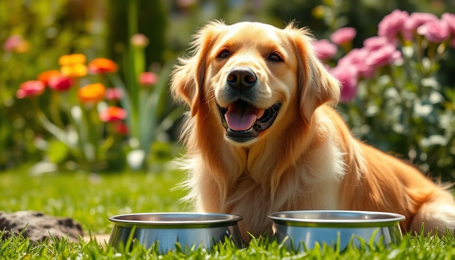 Happy dog sitting in garden next to a food bowl, sunlight.