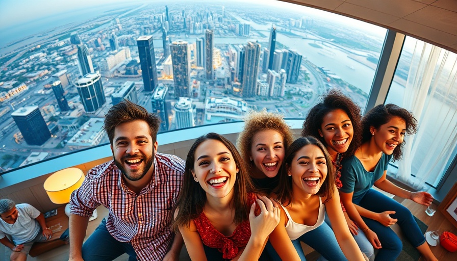 Alif Doha Residences staycation collage with city view and cheerful group.