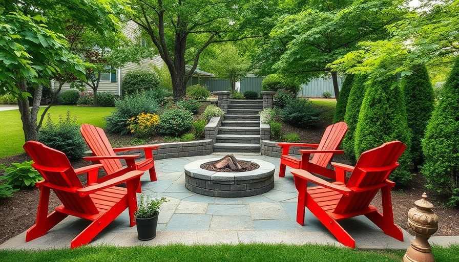 Serene garden patio with red chairs and fire pit, landscape services management.