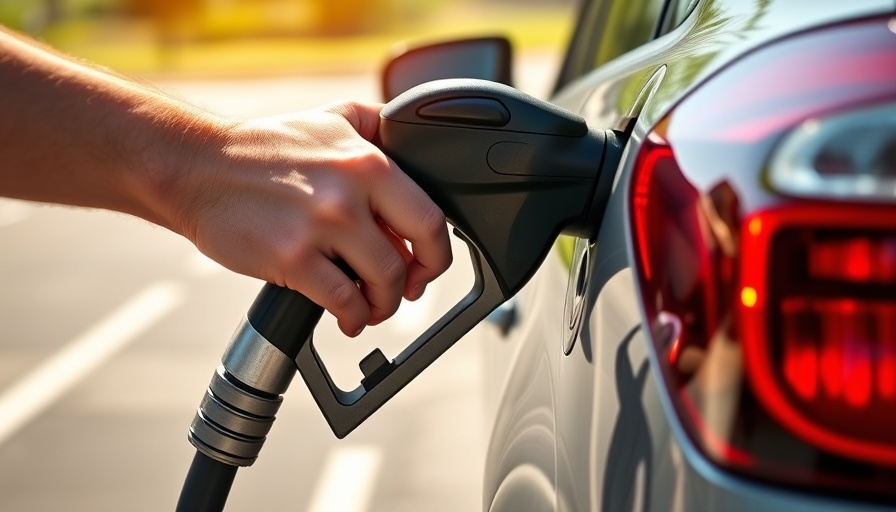 Close-up image of hand with red gas nozzle refueling car in New Jersey.