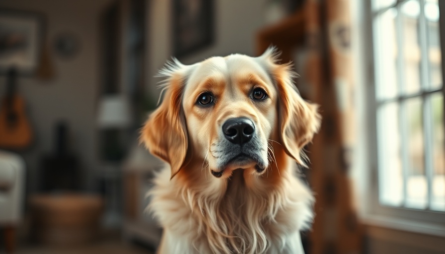 Golden-haired dog with attentive expression indoors, cozy setting.