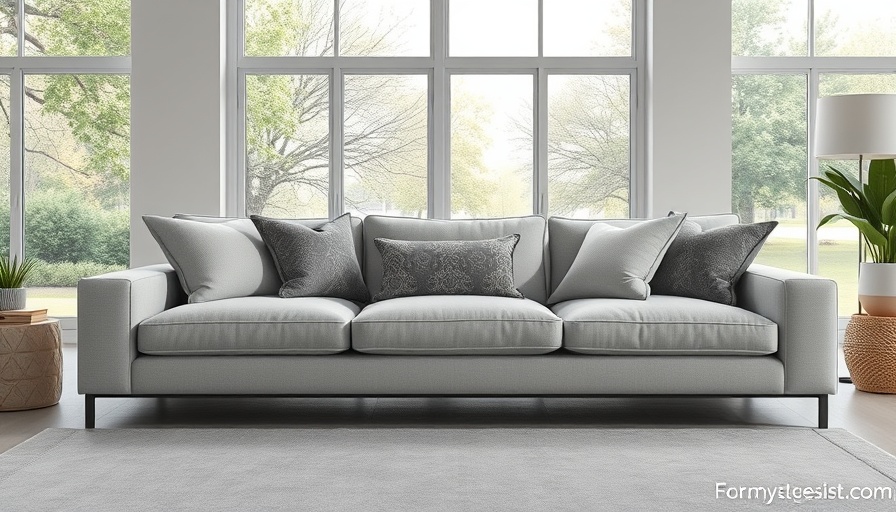 August home design trends: modern living room with gray sofa and pillows.