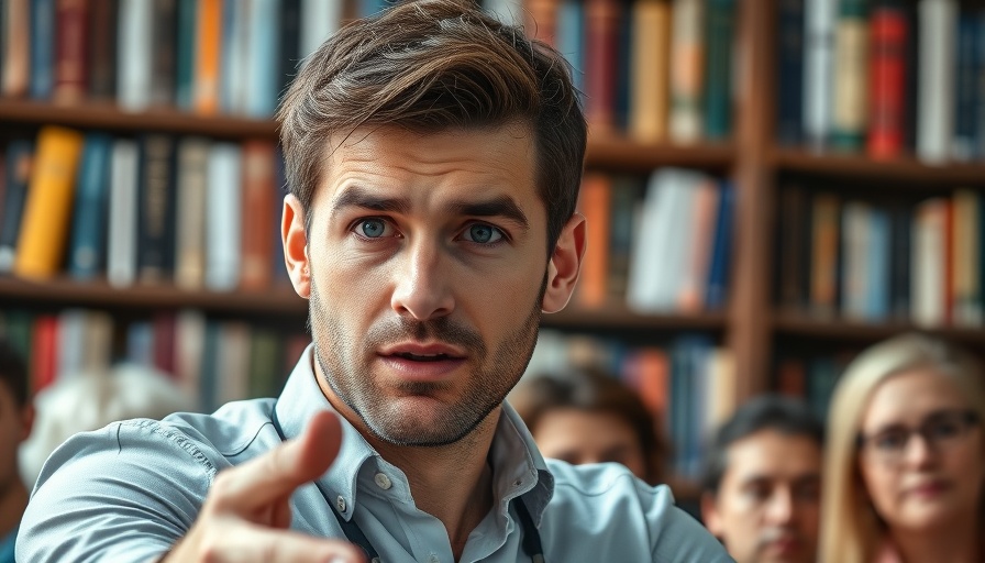 Confident man discussing Compensation Wins Buyers, bookshelf background.