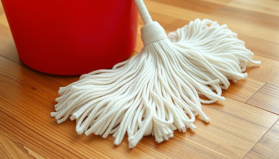 String mop and red bucket for how to mop a floor guide.
