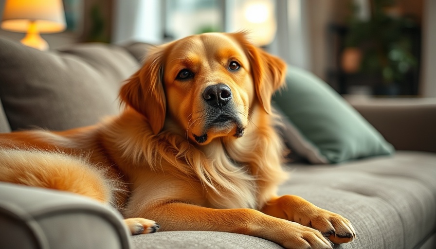 Golden-brown dog relaxing on a sofa, illustrating how to adopt former service dogs.