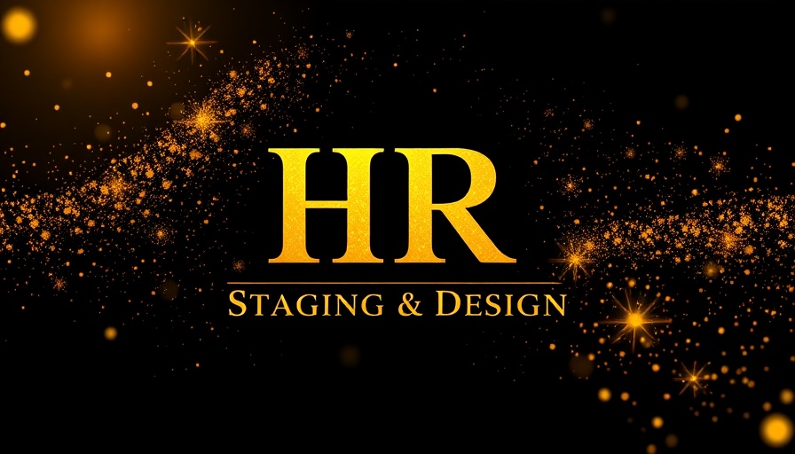 Elegant HR Staging & Design logo with gold particles on black.