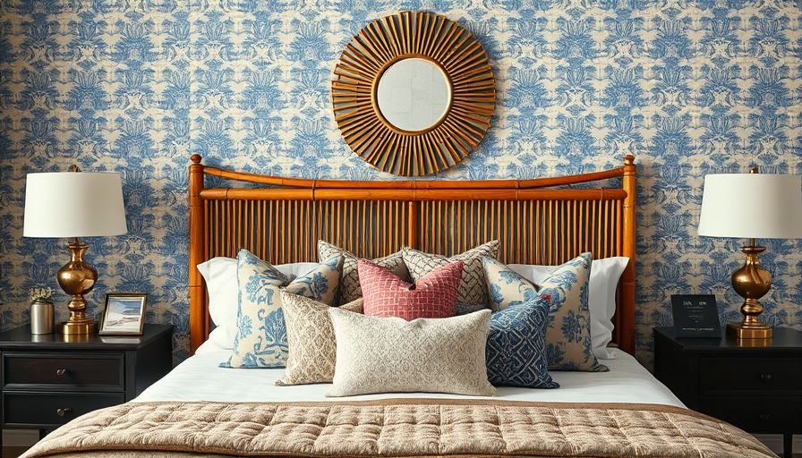 Vintage bamboo headboard in a stylishly decorated bedroom.