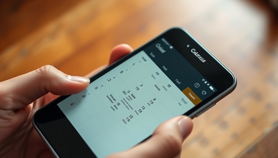 Digital calendar on phone held by hand, organizing schedule, soft lighting.