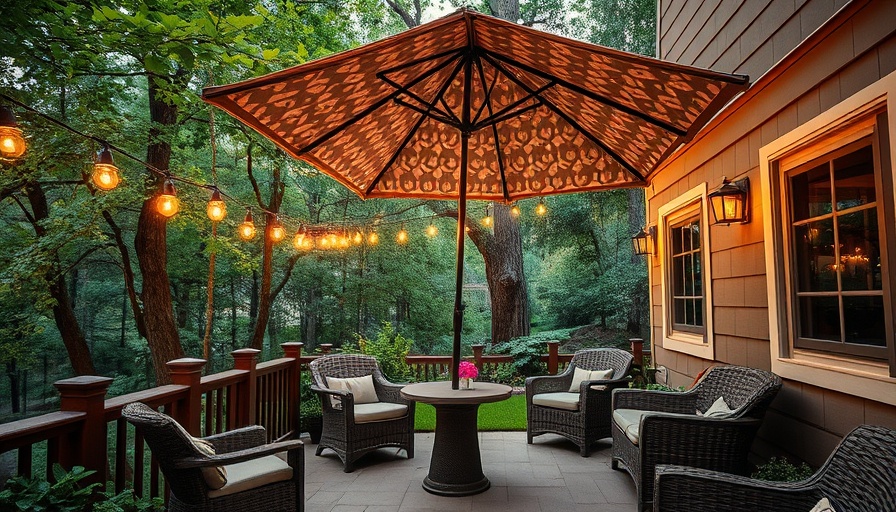 Charming summer patio decor with umbrella and seating.