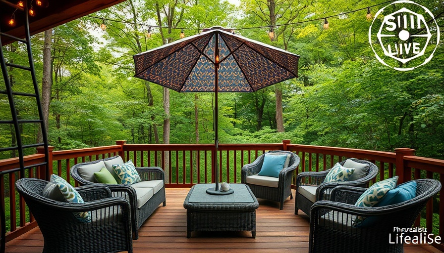 Cozy deck setup with summer plants and decor in a forest backdrop.