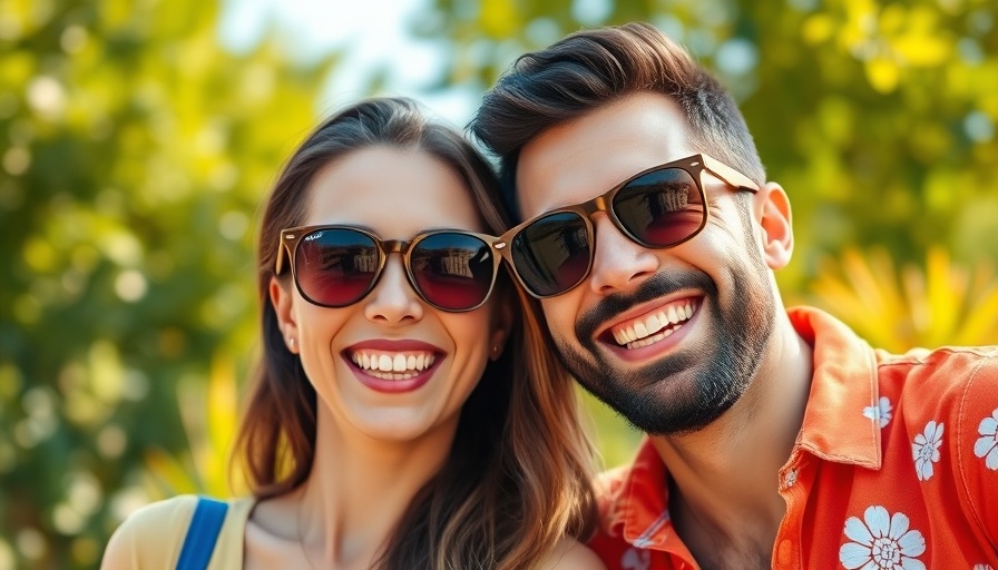 Couple smiling outdoors in sunlight with greenery