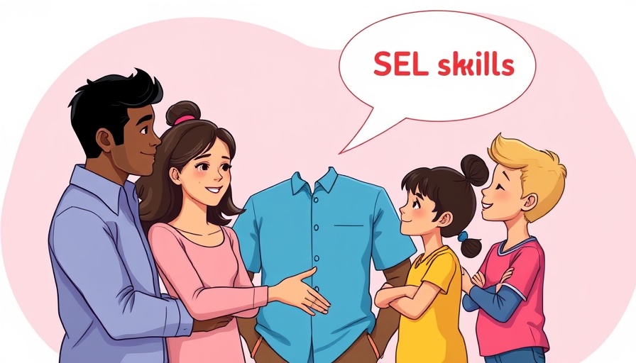 Diverse family uses SEL skills for emotional self-regulation, cartoon style.