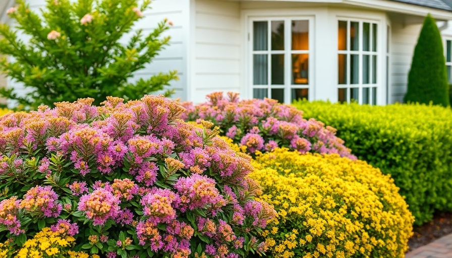 Spirea Magic Carpet compact shrubs in front of a white house.