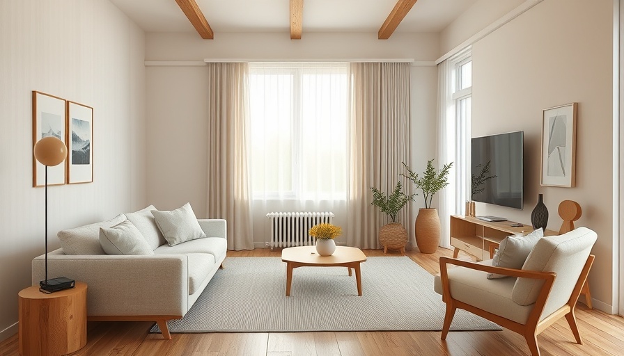 Warm minimalist Scandinavian living room design with wooden accents.