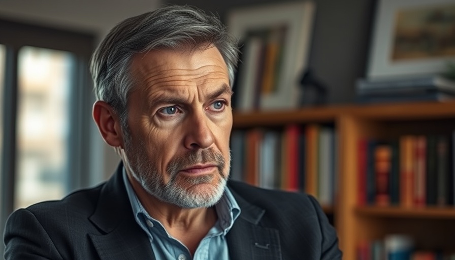 Middle-aged man discusses real estate negotiation in detailed indoor setting.