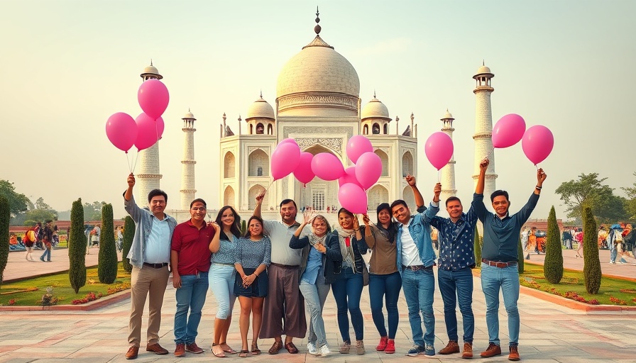 Group celebrating an office trip at Taj Mahal.