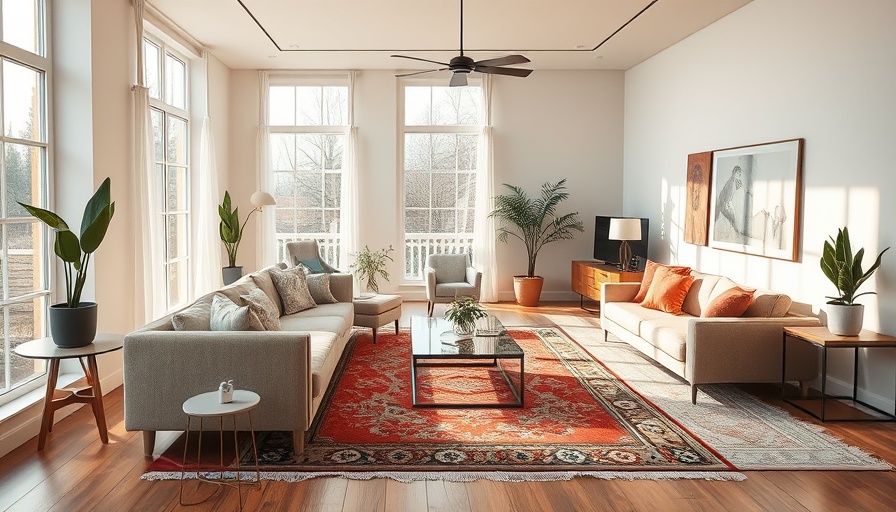 Modern living room with layered rugs, showcasing how to mix rugs like a pro.