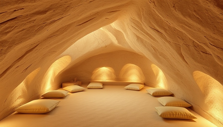Tranquil wellness cave with cushions and soft lighting.