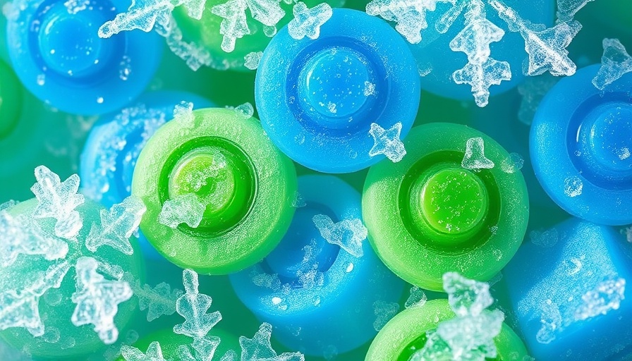 Vibrant frozen laundry detergent pods surrounded by frost patterns.